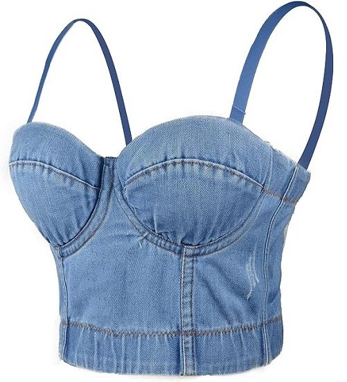 Women's Denim Bustier Crop Top Jean Corset Top Bra with Detachable Straps
