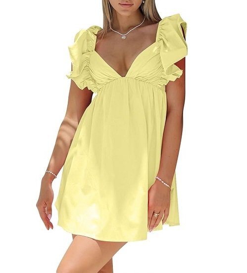 Womens Sexy Deep V Neck Ruffle Sleeve Mini Dress Backless Lace Up Summer Dresses