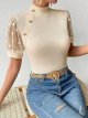 Women's Contrast Mesh Button Mock Neck T Shirt Short Sleeve Tee Top
