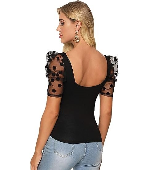 Women's Sweetheart Neck Mesh Puff Sleeve Slim Fitted Tee Top