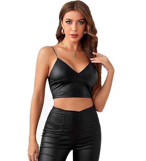 Women's PU Leather V Neck Spaghetti Strap Cami Crop Top