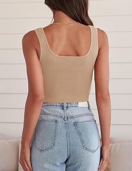 Women's Sleeveless V Neck Tank Ribbed Knit Shirts Backless Slim Fit Basic Crop Tops