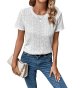 Women's Eyelet Embroidery Short Sleeve Top Shirt Solid Color Crewneck Vintage Casual T-Shirt