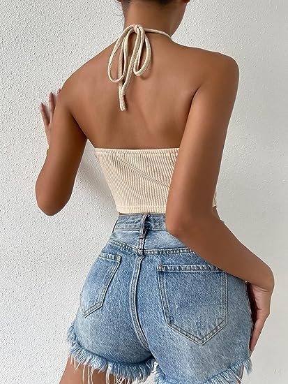 Women's Halter Neck Strappy Tank Top Cropped Top Open Back Asymmetric Turban Top