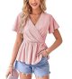 Women's Tops V Neck Eyelet Tops Ruffle Sleeves Ruffle Blouses Summer Casual T-Shirts